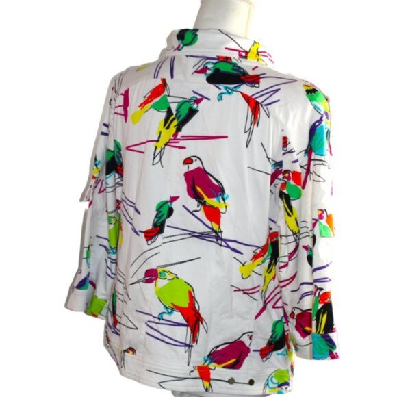 Berek White Multi Abstract Tropical Bird Cotton Jacket Size Large - Picture 7 of 9